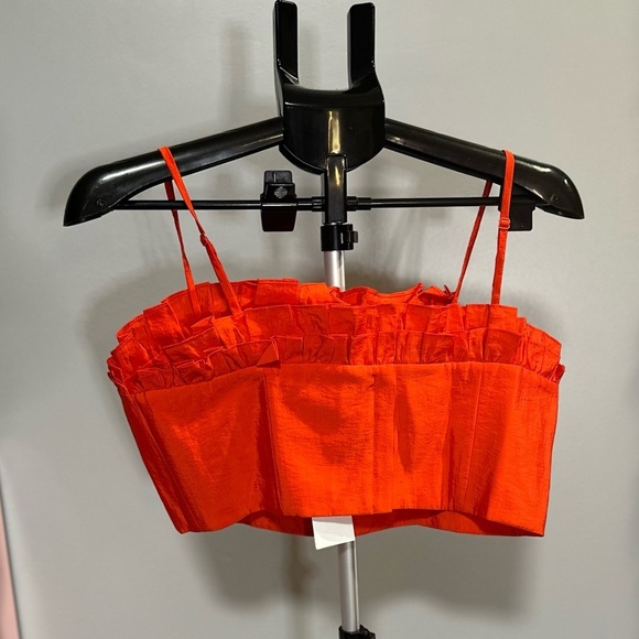 NWT Cinq a Sept Vibrant Red Orange Ruffle Crop Top - Picture 2 of 2